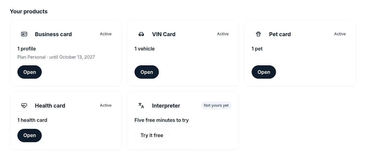The POC Card account with a BIZ Card, a VIN Card, a PET Card and a HEALTH Card