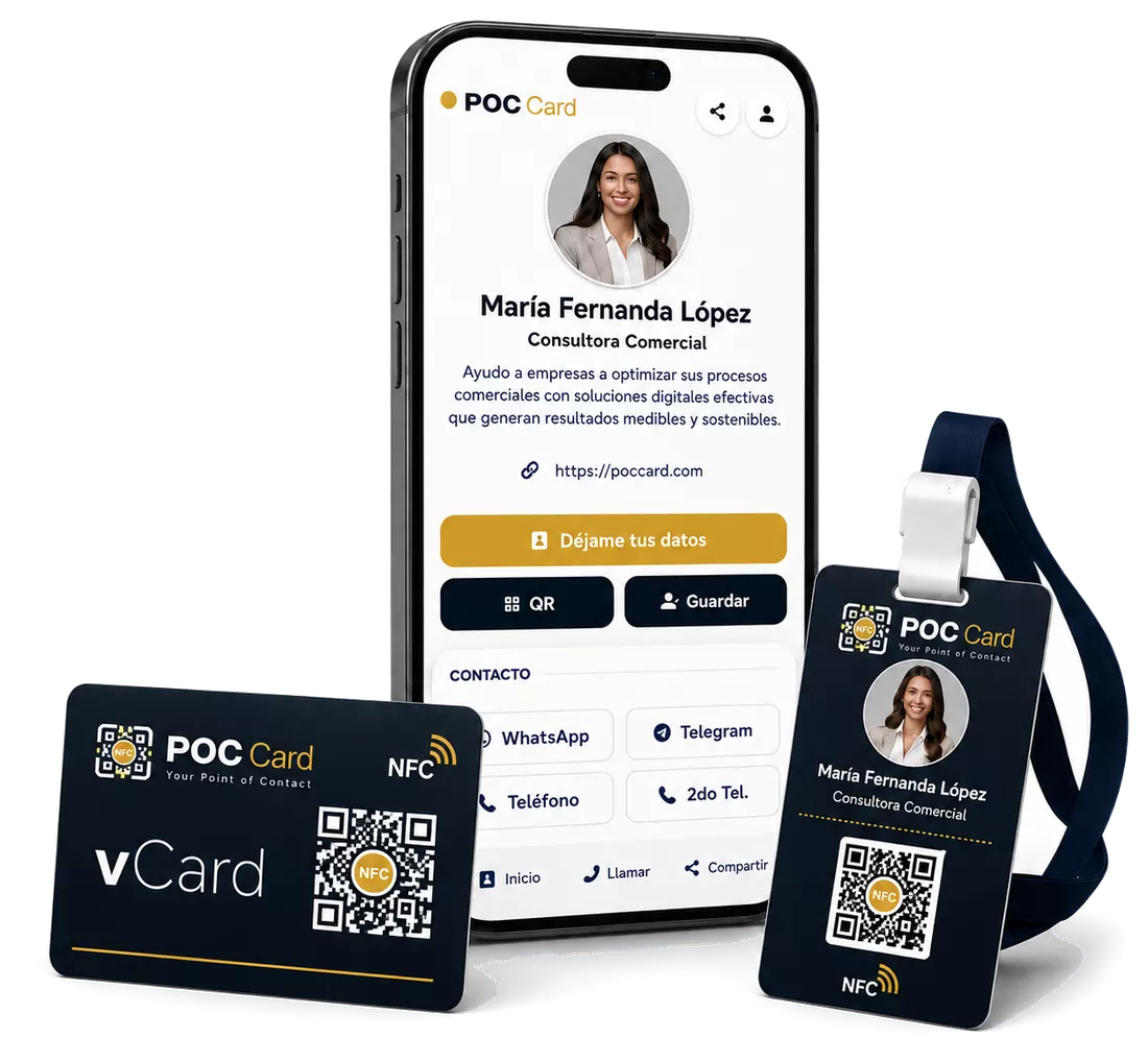 Un perfil de POC Card en un teléfono, con la tarjeta NFC y un gafete que llevan el mismo QR